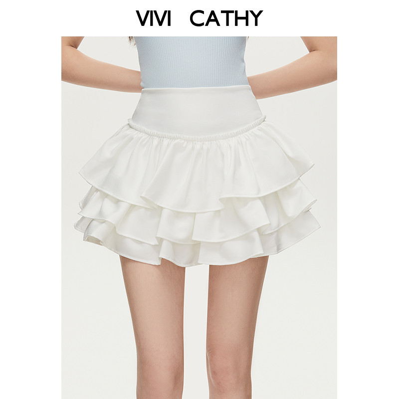 VIVICATHY2025夏季白色蛋糕裙女高腰荷叶边百搭芭蕾风A字蓬蓬裙