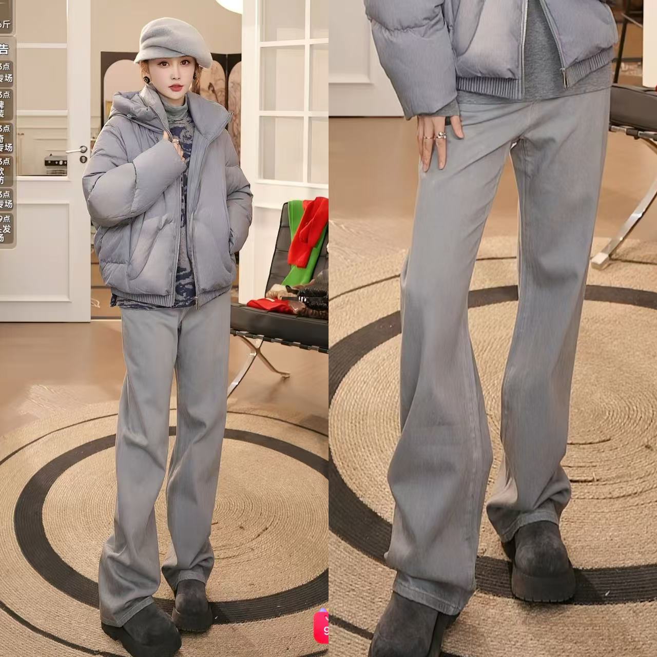 【粉红爷爷】无缝一体成裤高腰阔腿牛仔长裤1KDM21680