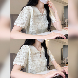 设计感小众polo领上衣 女t恤夏2025新款 慵懒风镂空防晒针织衫 短袖