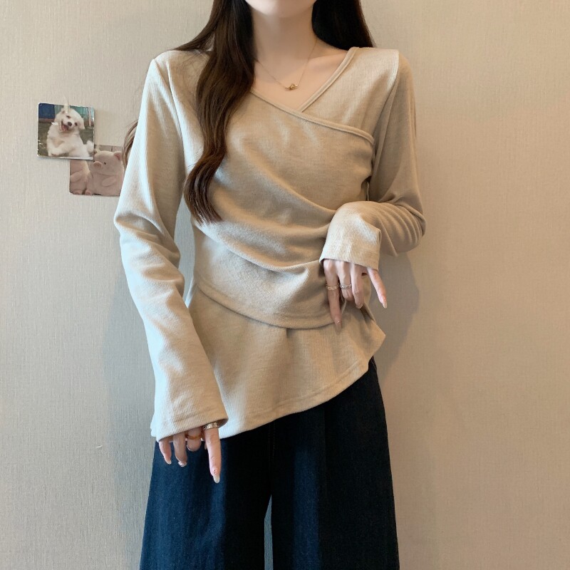 不规则交叉V领长袖针织衫T恤女春款2025大尺码胖mm收腰气质打底上