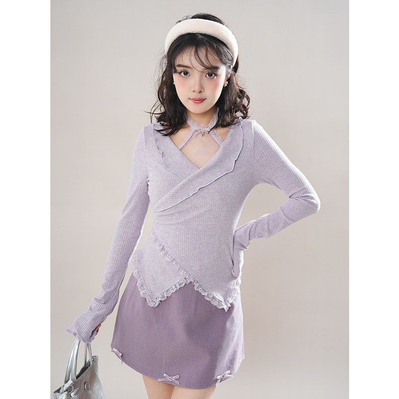 紫雾星河 2025春新款纯欲风显瘦上衣短裙套装甜美花边雾紫两件套