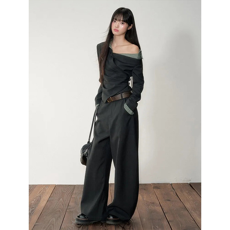 【韩系少女】韩系复古格子拼接假两件收腰斜肩上衣+西装裤两件套