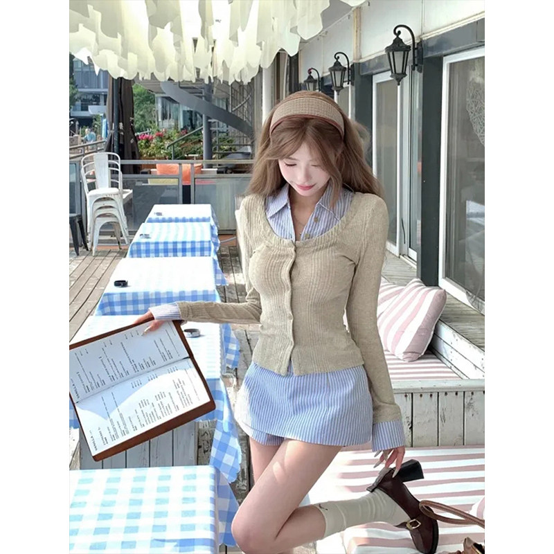 韩系设计感小众套装裙女秋季新款假两件长袖上衣+条纹短裙两件套