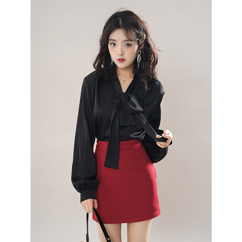 法式高级感气质显瘦黑色衬衫上衣包臀半身裙子两件套装女春季新款