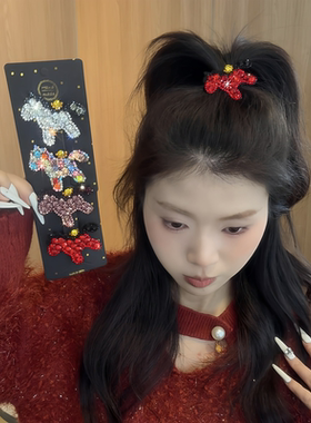 马年本命年水钻红色发夹女2026新年礼物侧边刘海碎发夹一字鸭嘴夹