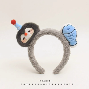 创意企鹅小鱼发箍可爱萌趣毛绒卡通头饰少女拍照洗脸发卡搞怪头箍