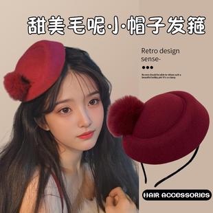 韩版 羊毛呢圆顶礼帽女秋冬天复古黑色骑士帽马术帽百搭带兔毛球