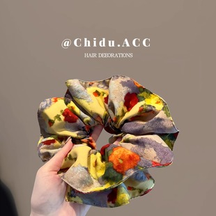 莫奈花园油画风双层晕染印花褶皱肥肠圈韩国清新田园显白弹力皮筋