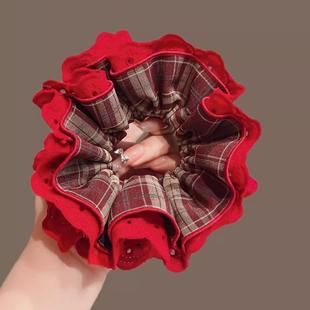 新年红蕾丝格纹四层大肠发圈女高级感马尾辫发绳丸子头发饰头绳