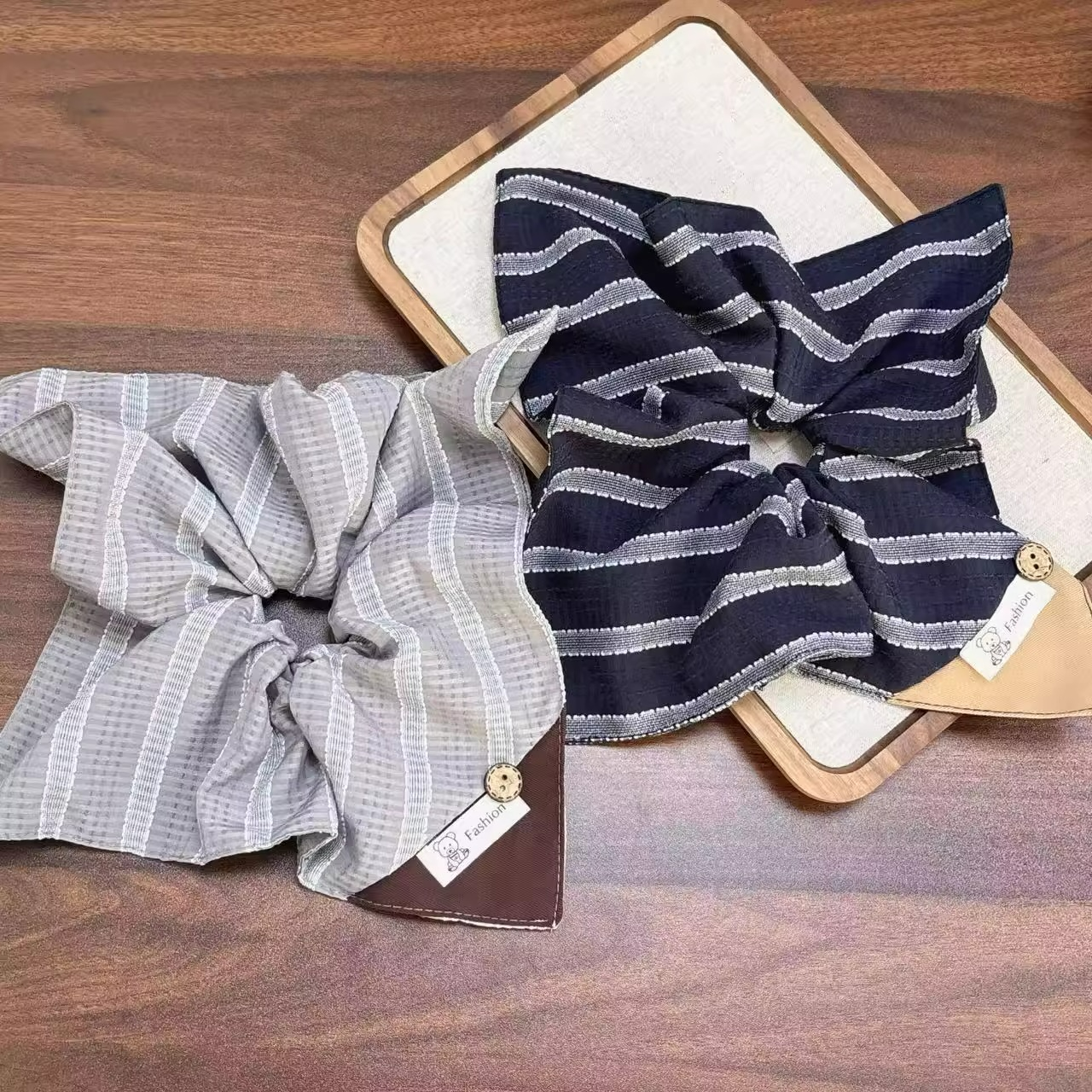 蓝色条纹方巾大肠发圈女高级感超大方形低马尾扎头发头绳头饰韩国