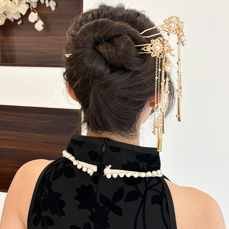 新中式珍珠流苏发钗复古国风汉服旗袍步摇后脑勺簪子百搭发簪头饰
