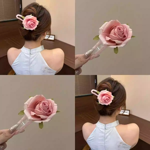 仿真玫瑰花鸭嘴夹女春夏氛围感半扎发花朵发夹2025新款 后脑勺抓夹