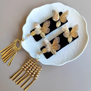 新娘中式 民族风复古金色蝴蝶发夹高级气质轻奢流苏边夹马面裙配饰