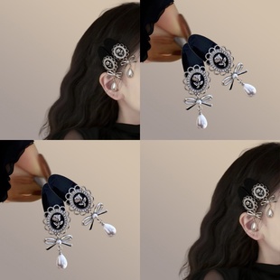 新款 小香风金属玫瑰花珍珠流苏椭圆发夹刘海侧边夹碎发夹头饰 法式