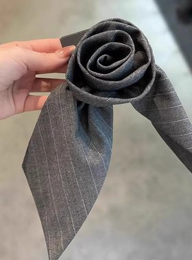 韩国高端少女学院风灰色西装面料立体玫瑰花弹簧夹飘带条纹发饰