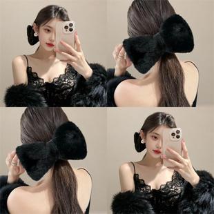 手工超大毛绒蝴蝶结可爱气质百搭显瘦发夹鸭嘴夹女秋冬新款 盘发夹