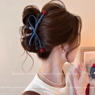 韩系樱桃蝴蝶结发夹女2025新款 高端发饰鲨鱼夹后脑勺盘发抓夹头饰