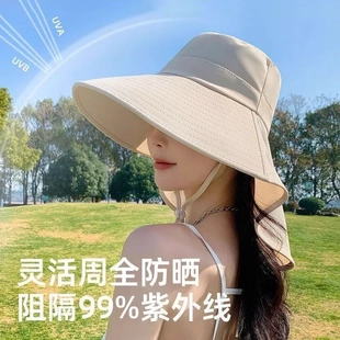2025新款 渔夫帽子女大帽檐防紫外线太阳帽骑车护颈遮阳防晒帽 夏季