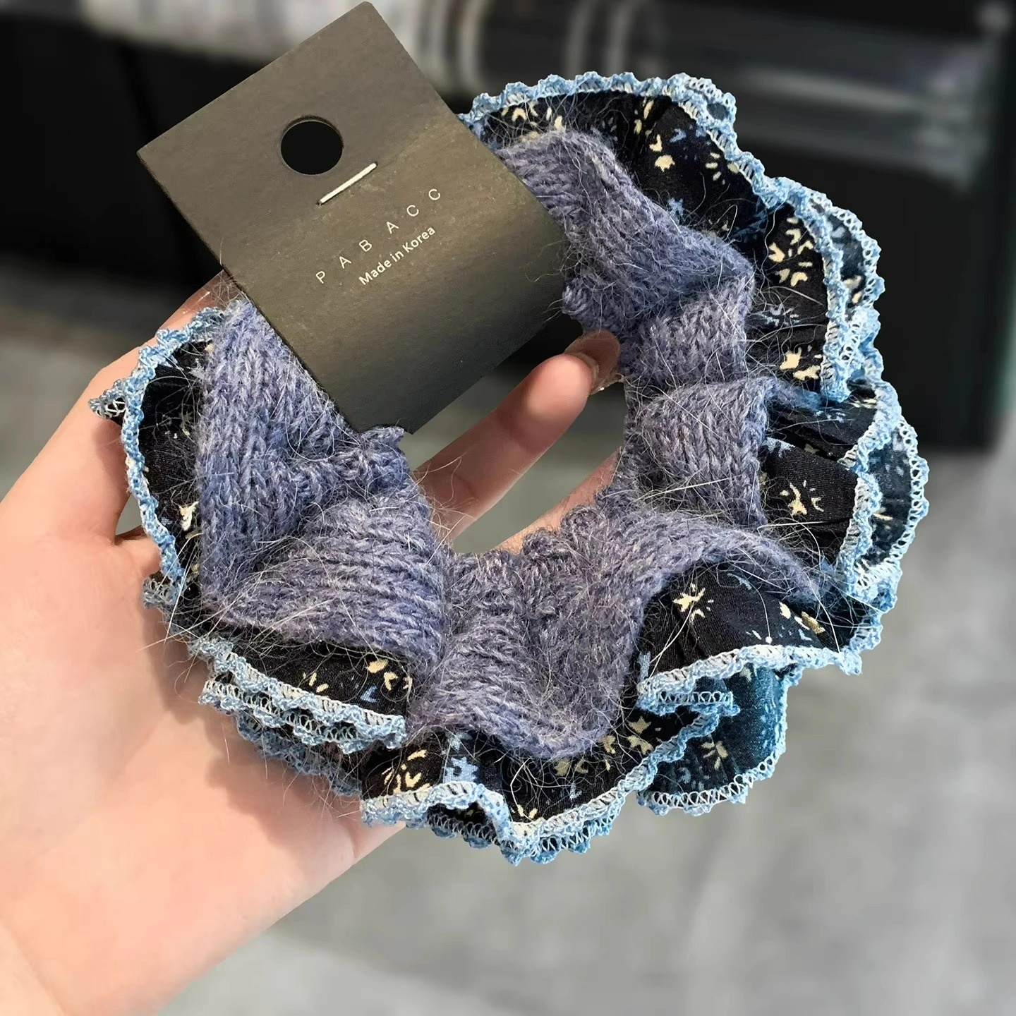 韩国森系盐系清新蓝双层针织小碎花肥肠圈毛绒荷叶花边发圈头绳女