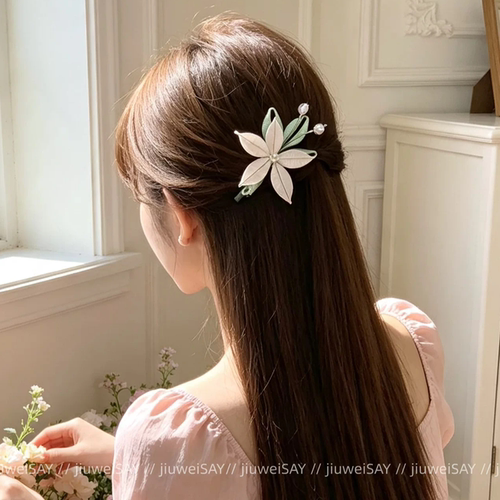 兰亭入梦~新中式粉色花朵发夹鸭嘴夹古风汉服旗袍侧边夹刘海发饰