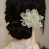 丸子头盘发簪子 u形发簪 轻奢绢纱花朵发钗 超仙氛围感舞蹈生写真