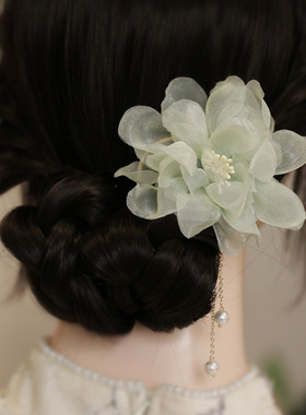 u形发簪 轻奢绢纱花朵发钗 丸子头盘发簪子 超仙氛围感舞蹈生写真