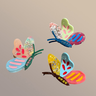 韩国2024年新款 浪漫复古卡通炫彩蝴蝶抓夹水钻气质少女心 法式