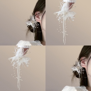 超仙羽毛蝴蝶流苏发夹优雅气质侧边夹新娘头饰婚纱礼服发饰刘海夹