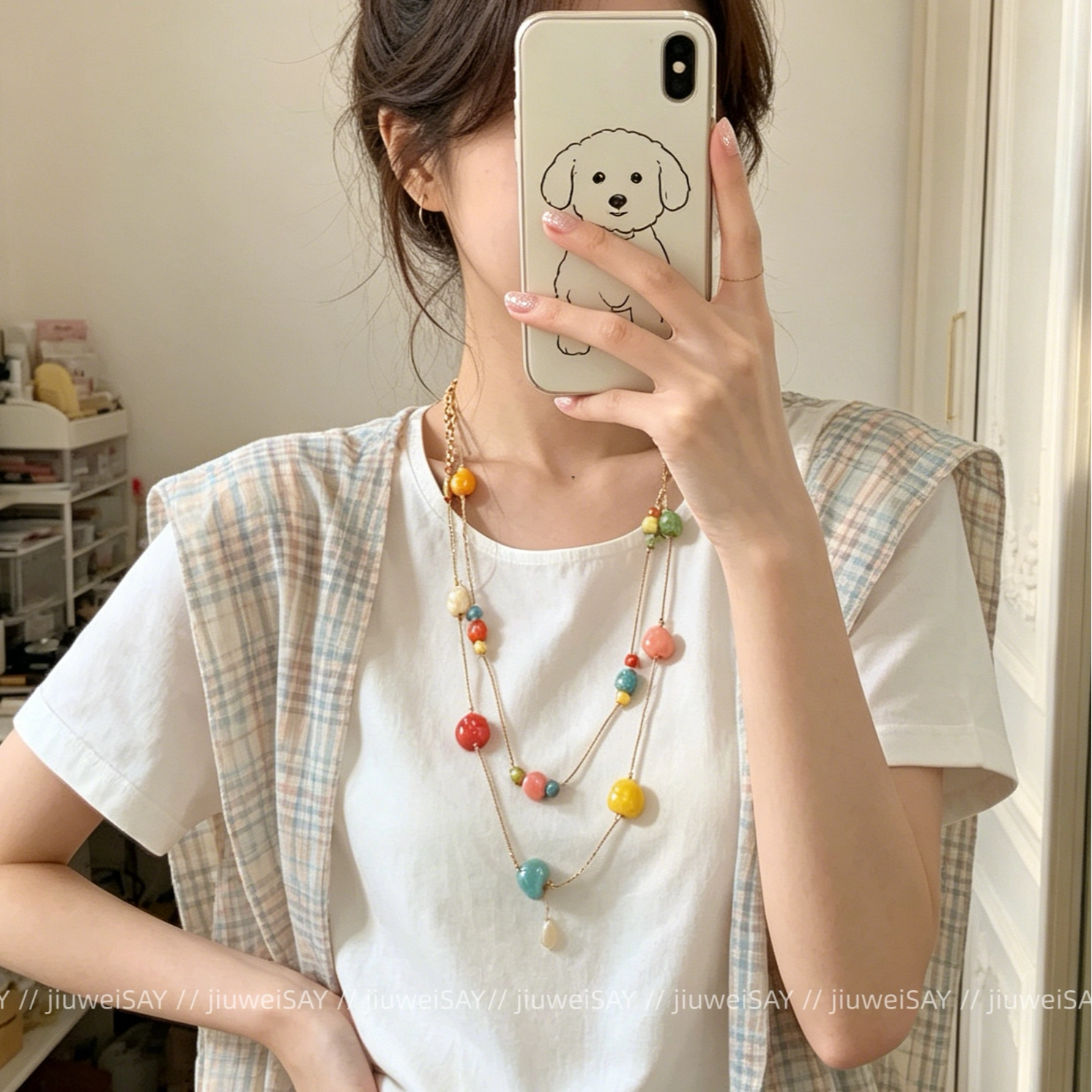 多巴胺陶瓷锁骨链女士2026新款夏天小众长款双层叠戴项链海边配饰图片
