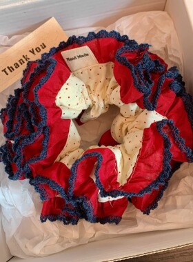 韩系重工红色波点花边大肠发圈女丸子头扎头发绳低马尾头绳发饰品