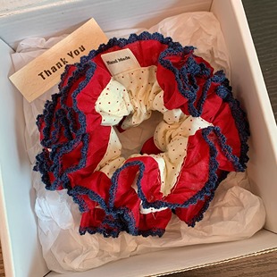 韩系重工红色波点花边大肠发圈女丸子头扎头发绳低马尾头绳发饰品