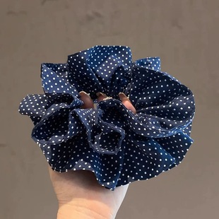 名狐复古藏蓝色双层波点发圈少女学院风显白丸子头扎马尾头花皮筋