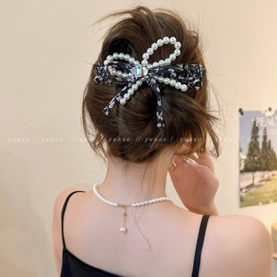 法式 气质珠珠蝴蝶结发夹女后脑勺高级感盘发鸭嘴夹子大号一字抓夹