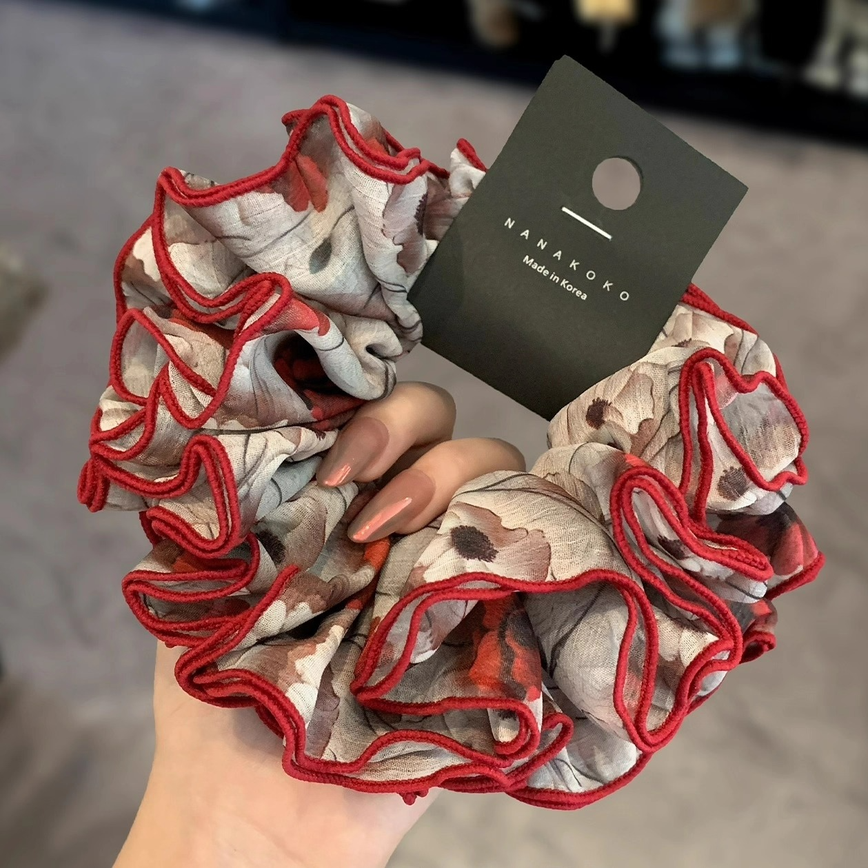 韩国小众新款设计感多层立体绢纱印花肥肠圈红色荷叶包边发圈皮筋