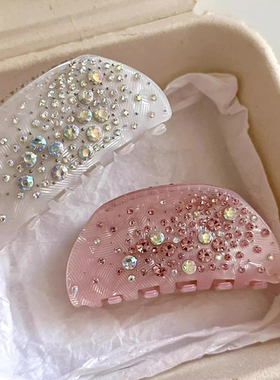 韩国法式水钻重工镶钻纯白色闪亮醋酸鲨鱼家夹盘发抓夹轻奢发夹子