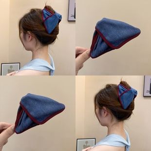 韩系复古撞色牛仔三角抓夹女高级感2025新款 鲨鱼夹发夹后脑勺发饰