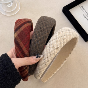 复古格调 百搭高颅顶海绵头箍显脸小发饰 洋气红格纹加宽发箍经典