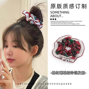 圣诞头饰格纹蝴蝶结铃铛大肠发圈女甜美可爱扎高马尾丸子头橡皮筋