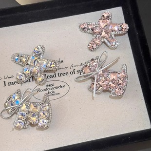 名狐韩国水晶小狗发夹皮质蝴蝶结侧边夹甜美精致满钻鸭嘴夹发饰