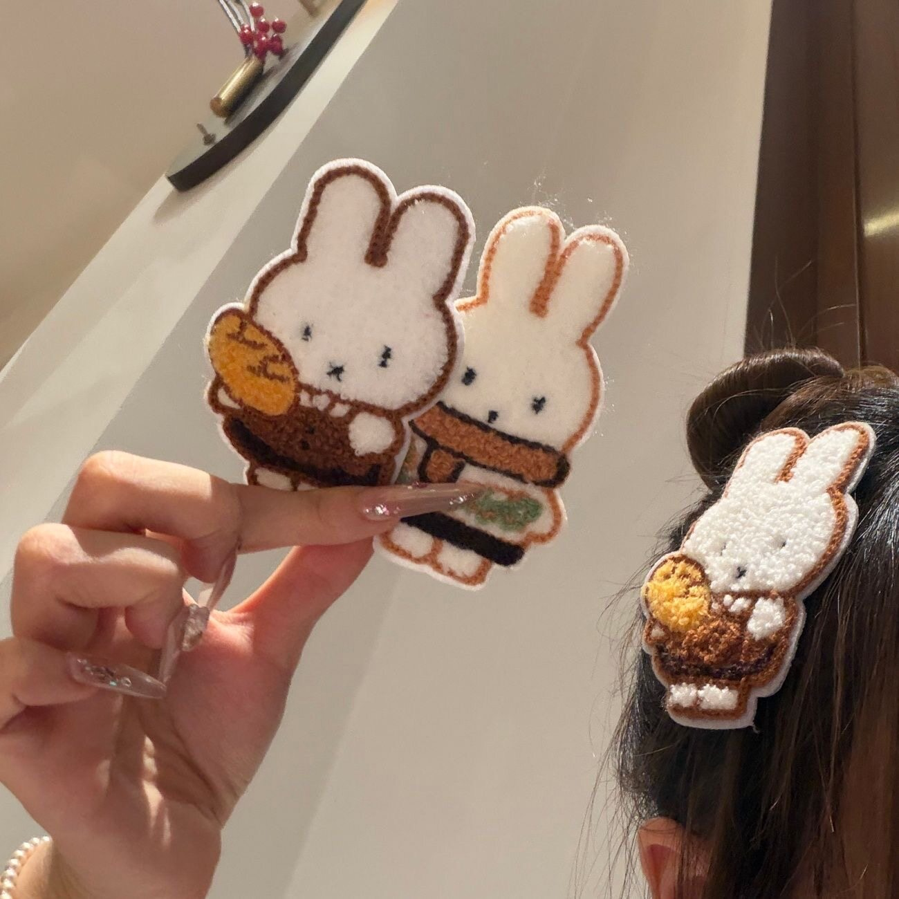 韩系秋冬卡通围巾米菲兔魔术贴软萌少女碎发无痕刘海贴整理发饰
