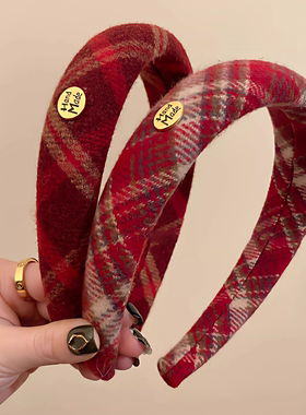 过年氛围感红色秋冬毛绒高颅顶格子复古发箍新款高级感头箍头饰