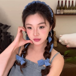牛仔飘带～新款 夏日清凉感麻花纽结甜辣少女全扎齿梳飘带发箍百搭
