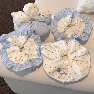 韩系高级感蓝白拼接大肠发圈女2025新款 可爱甜美丸子头发绳发饰品