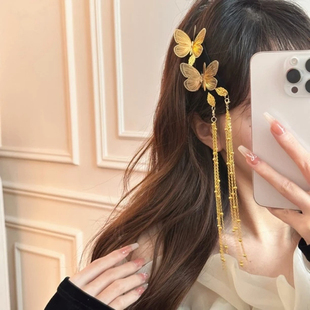 复古百搭刘海夹 掰掰夹新中式 殇梦蝶新款 轻奢蝴蝶边夹流苏发夹法式