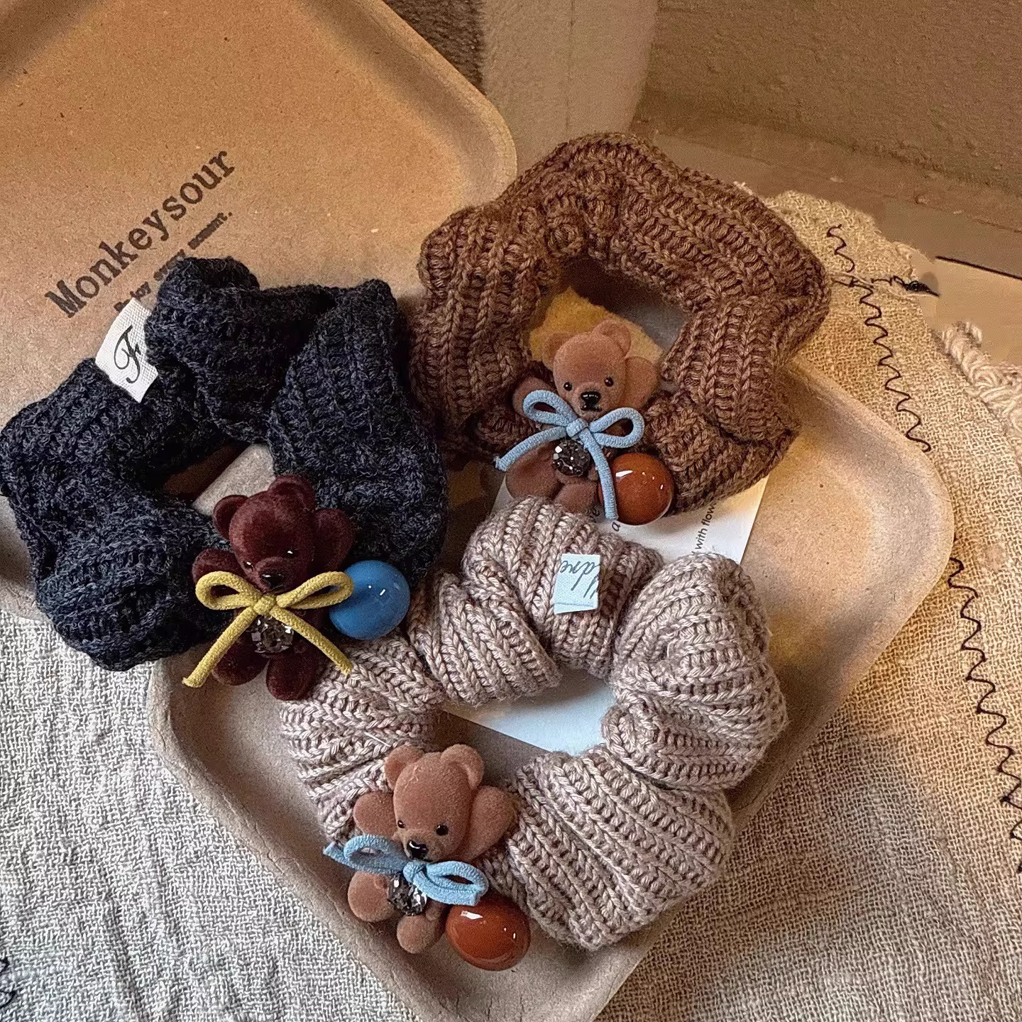 韩系毛线小熊蝴蝶结大肠圈少女心甜美发圈可爱丸子头发绳卡通发饰