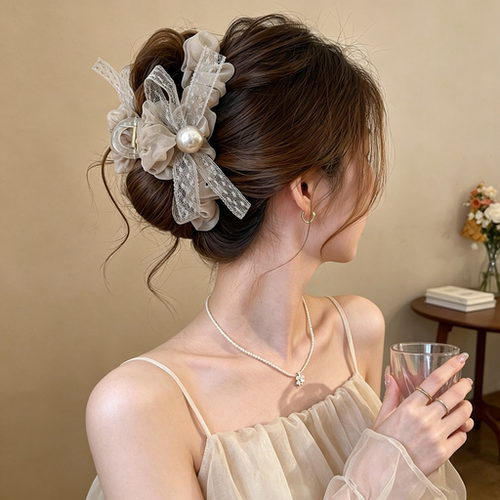 网纱蝴蝶结圆珠头发抓夹女高级感2026新款后脑勺盘发夹鲨鱼夹发饰