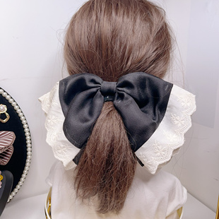 韩国发饰2025新款 浅粉黑色糯软雪纺纯棉布艺蕾丝蝴蝶结发夹弹簧夹