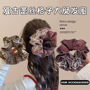 韩系复古蕾丝红色格子大肠发圈女高级感超大号新年扎头发头绳头饰