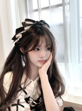 夏日茶会蓝色lo配饰洛丽塔大蝴蝶结头饰手作黑色kc发饰Lolita发夹