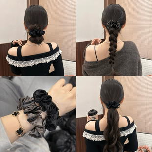韩系高级感褶皱压边面膜花苞小肠发圈法式 简约黑色低丸子头发绳女